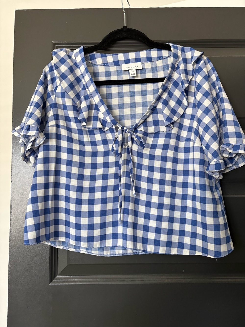 Topshop Blue Gingham Tie-Front Ruffle Collar Top